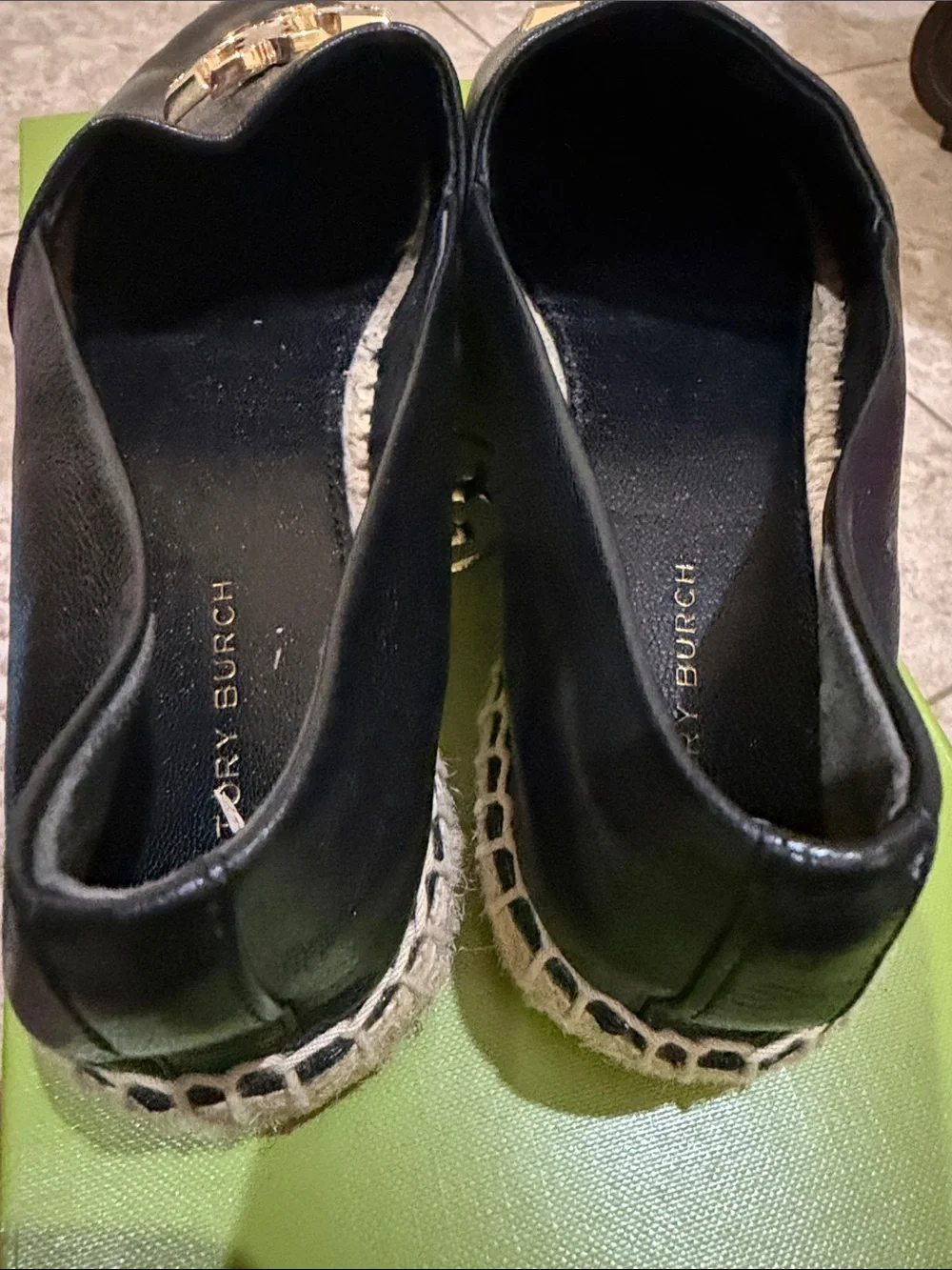 Tory Burch Black Leather Espadrille Flats with Gold Logo Medallions